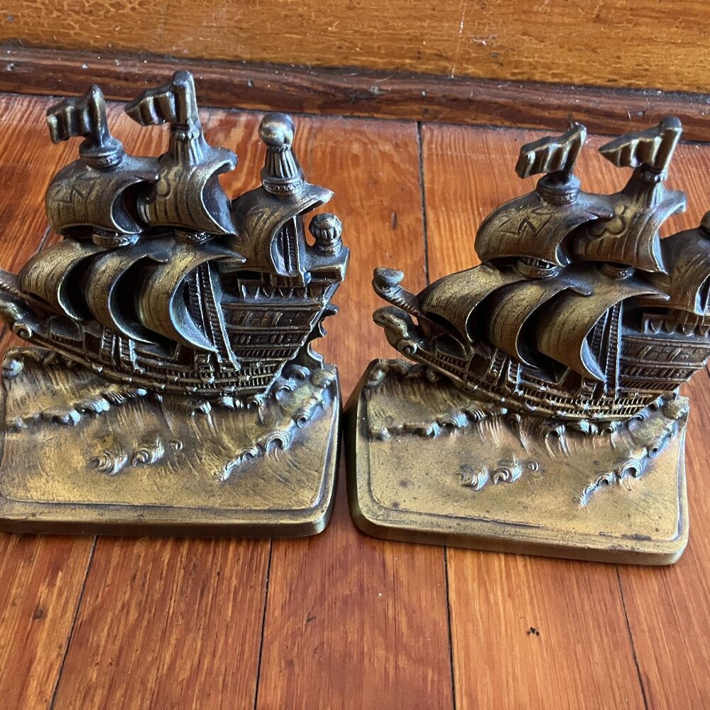 Vintage Brass Galleon Sailing Ship Bookends - Mid-Century Nautical Decor